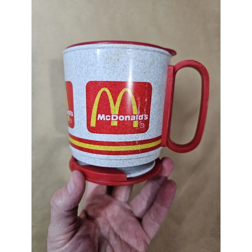 McDonald's Logo Advertising Mug Speckled White Gray w/ Red Handle & Base